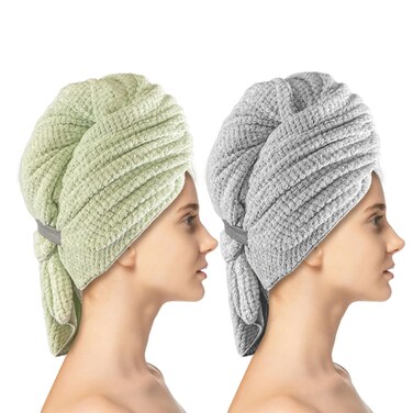 Simnice 2 Pack Extra Microfiber Hair Towel Wrap for Women,Super Soft Anti Frizz Hair Wrap Towels with Elastic Band for All Hairstyles Grey &amp; Green