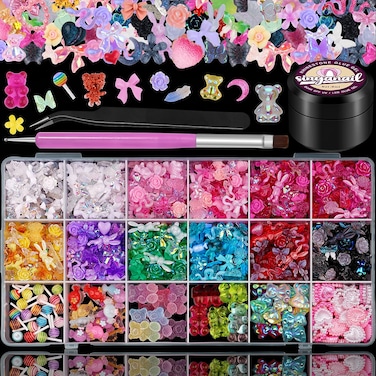 3D Resin Nail Charms Mix Rabbit Flower Bear Bowknot Nail Charms Gummy Star Heart Lollipop Acrylic Hollow Heart Beads with Glue and Pickup Tools(18 with Glue)