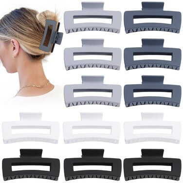 4.1 Inch Big Hair Clips 12 Pcs Large Hair Claw Clips for Thick Hair Square Claw Clips Bulk Hair Accessories for women and Girls - Grey