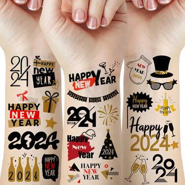 65 Pieces New Years Eve Party Supplies, 12 Sheets Temporary Tattoos Stickers, Happy New Year Decorations, NYE 2024 Decor