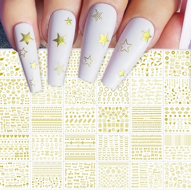 30 Sheets Gold Nail Art Stickers Gold Line Wave Stripe Nail Stickers Decals 3D Self-Adhesive Nail Sticker Metal Stripe Wave Nail Designs Art Supplies for Women Girls Acrylic Nails Decoration 799-1