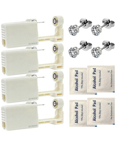 Ear Piercing Kit 4 Pcs Ear Piercing Gun Disposable Ear Piercing Gun Kit with Cubic Zirconia Silver Earring Studs (White)