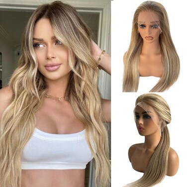 Ombre Blonde Highlights Wigs with Light Brown Roots 20 Inch Balayage Platinum Blonde Human Hair Lace Front Wigs 13x4 HD Pre Plucked Glueless 150% Density Highlights 18/60 Ash Blonde Virgin Hair Wigs