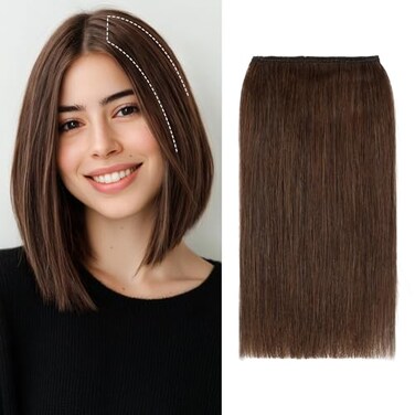 S-noilite Clip in Human Hair Extensions for Short Hair 1PCS 2 Clips Clip in Hairpieces For Women with Thinning Hair Add Hair Volume 17g 12Inch-Medium Brown
