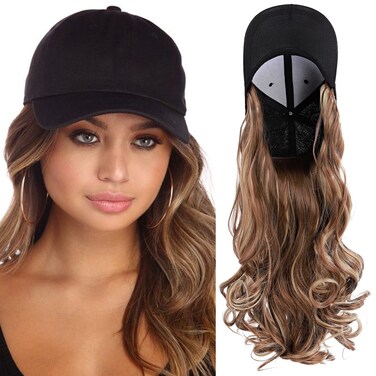 S-noilite 16" Baseball Cap with Hair Baseball Hats with Hair Attached Curly Wavy Cap Wig with Hair Extensions Adjustable Culry Baseball Hat Wig for Women (16" -Curly, Light Brown &amp; Ash Blonde)