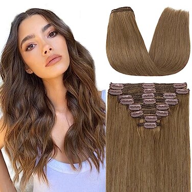 s-noilite Clip in Human Hair Extensions 100% Real Remy Thick True Double Weft Full Head 8 Pieces 18 clips Straight silky (20 inch - 150g,Light Brown (#6))