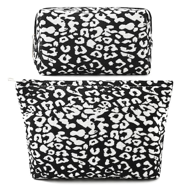 SOIDRAM 2 Pieces Leopard Print Makeup Bag Large Cosmetic Bag Capacity Canvas Mix Travel Toiletry Bag Organizer Cute Makeup Brushes Aesthetic Accessories Storage Bag for Women, Leopard Print Mix Black