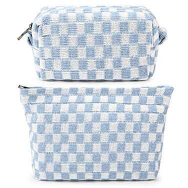 SOIDRAM 2 Pieces Makeup Bag Large Checkered Cosmetic Bag Capacity Canvas Mix Travel Toiletry Bag Organizer Cute Makeup Brushes Aesthetic Accessories Storage Bag for Women, Checkered Mix Blue