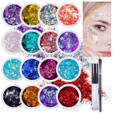 Chunky Holographic Body Glitter I 16 Colors + Glitter Glue for Face Glitter Makeup, Hair, Eye &amp; Fine Glitter Eyeshadow - Perfect for Halloween, Slime, Resin, Tumblers, Craft, Cosmetic &amp; Nail Art