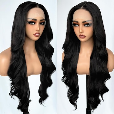 SOKU 28 Inch Long Wave Lace Front Wig Pre Plucked Hairline with Baby Hair Synthetic Wavy Hair Wig Pre Styled Dark Brown Glueless Transparent Lace Frontal Wigs for Women Heat Resistant Fibre