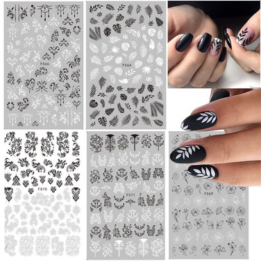 Lace Flowers Nail Stickers,5Pcs Valentine Wedding Nail Decals White Black Lace Floral Nail 3D Stickers Leaf Flower Butterfly Elegant Wedding Nail Design Manicure D&eacute;cor