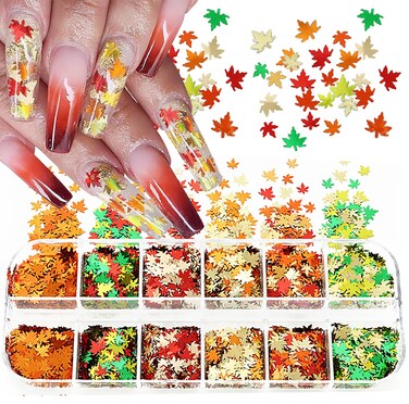 3D Maple Leaves Nail Glitter Sequins Fall Nail Decals Holographic Glitter Design Autumn Maple Leaf Nail Glitter Flakes for Women Girls Gifts Nail Decorations DIY Manicure Accessories