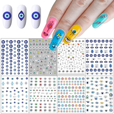 8 Sheets Evil Eye Nail Stickers - Frensh Nail Tattoos with Women Nail Art, 3D Self-Adhesive Witch Nail Decals for DIY Nail Art Supplies, Pegatinas para U&ntilde;as with Eyes Pattern Nails Design