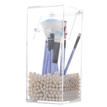 Sooyee Makeup Brush Holder,Makeup Brush Organizer with 8mm White Pearls,Dustproof Makeup Brush holder with Lid