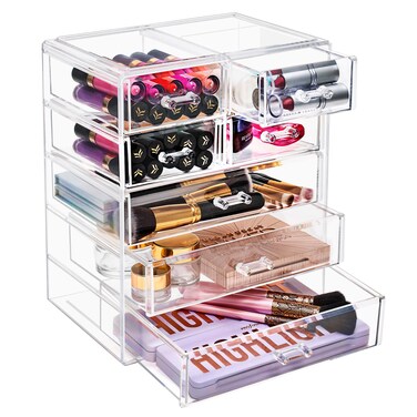 Sorbus Acrylic Makeup Organizer - Organization and Storage Case for Cosmetics Make Up &amp; Jewelry - Big Clear Makeup Organizer for Vanity, Bathroom, College Dorm, Closet, Desk (3 Large, 4 Small Drawers)