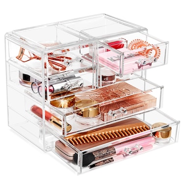 Sorbus Clear Makeup Organizer Display - Stylish Organization and Storage Case for Cosmetics, Jewelry &amp; Hair Accessories - Space Saving Makeup Organizer for Vanity &amp; Bathroom (2 Large, 4 Small Drawers)