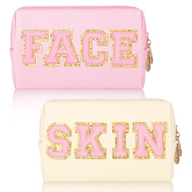 Sotiff 2 Pcs Preppy Patch Makeup Bag Waterproof Chenille Letter Cosmetic Bag Portable Toiletry Bag Zipper Pouch Travel Organizer for Women(White, Pink,Fresh Style)