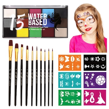 15 Color Face Paint Kit, Professional Face Painting Kit SFX Makeup Palette, Water Activated Body Paint for Cosplay Halloween Party for Kids and Adults Safe Non Toxic with 12 Pcs Brush &amp; Stencils Matte