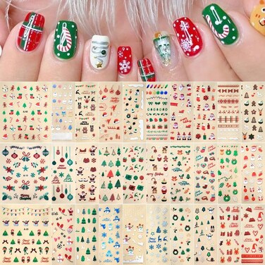 30 Sheets Christmas Nail Art Stickers 3D Self- Adhesive Pegatinas U&ntilde;as Snowman Snowflake Nail Decals White Red Christmas Nail Supplies for Women and Girls