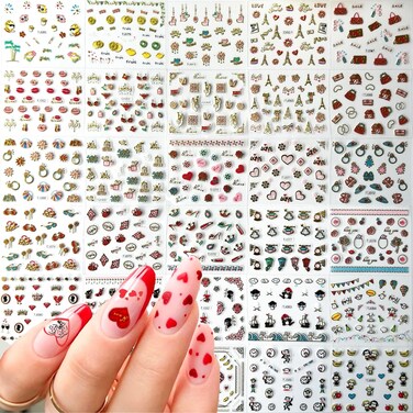 30 Sheets Valentine's Day Nail Art Stickers 3D Self-Adhesive Heart Nail Decals Red Gold Lipstick Lip Rose Nail Supplies DIY Nail Art Design Decoration Accessories for Women
