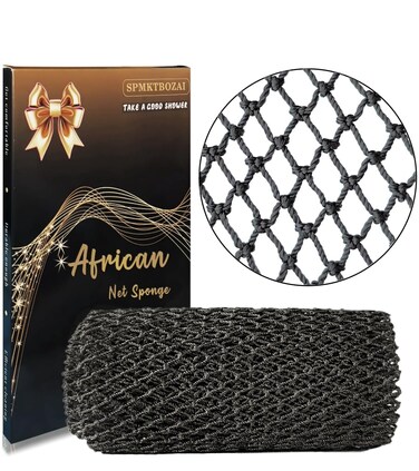 African Net Sponge Authentic, African Exfoliating Sponge Real African Net Black Owned, African Bath Sponge Back Scrubber, Body Exfoliator Shower Bath Accessories (Black)