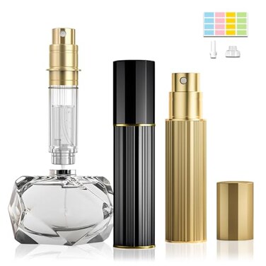 2PCS 10ml Travel Perfume Atomizer Refillable, Bottom-Filling, Portable Fragrances Cologne Spray Bottle Empty, 0.34oz Travel Sprayer Perfume for Women, Men, Gift (Gold?Black)