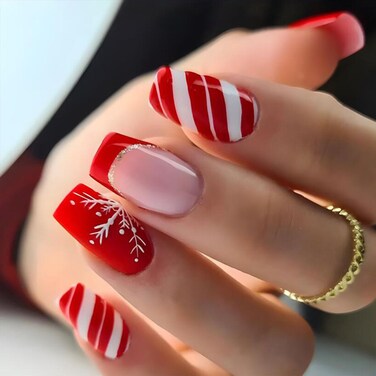 Christmas Nails Press ons Coffin Press on Nails Short Fake Nails with White Snowflake Lines Glitter Design Glue on Nails Xmas Red French Tip False Nails Glossy Acrylic Christmas Nails for Girls 24Pcs