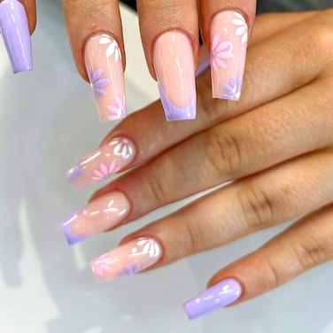 Medium Press on Nails Coffin Purple French Tip Fake Nails Press ons Flower Glue on Nails Nude Full Cover Acrylic Nails Glossy False Nails Artificial Stick on Nails for Women 24Pcs