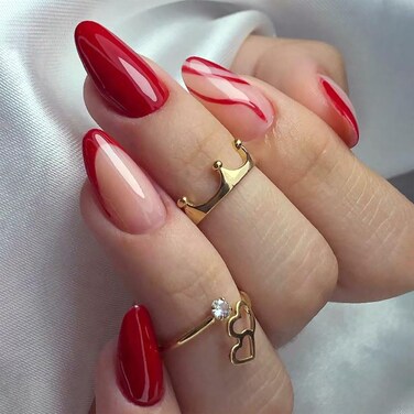 Red French Tip Press on Nails Almond Fake Nails Medium Acrylic Nails Press ons Red Lines Artificial Full Cover Glossy Stick Glue on Nails for Women 24 Pcs