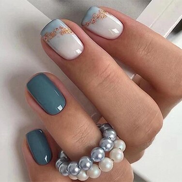 Square Press on Nails Short Sea Blue Fake Nails Glossy Acrylic Nails Press ons Full Cover False Nails with Golden Glitter Designs Glue Stick on Nails for Women Girls 24 Pcs