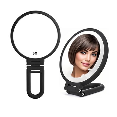 1X 5X Handheld Mirror with Handle for Travel， Magnifying Mirror, Magnification, Rotation Adjustable Handle, Double Sided Folding, Mirror for Women for Eyes Makeup Travel Shaving (Black)