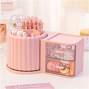 Makeup Organizer Countertop,360 Rotating Makeup Brush Holder With 2 Drawers,Small Preppy Organizer  9.25x5.11inch Pink