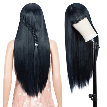 Style Icon Lace Front Wigs Ombre Blue Black Wigs with Bangs 28&rdquo;Long Straight Synthetic Wig (28 Inches, QT BLUE BLACK3)