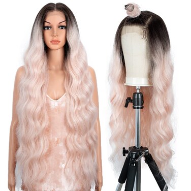 Style Icon 36" Easy-360 Lace Wigs 13X6 Free Part Lace Frontal Wigs Super Long Body Wave Wavy Wig Synthetic Ombre Pink Wig (36 Inches, TT6/PINK27)