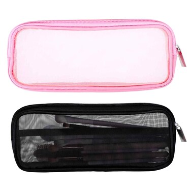 8.3 X 4 Inch 2 PCS Mesh Makeup Brush Bag Clear Travel Makeup Brush Holder Portable Mesh Travel Toiletry Bag with Zipper, Transparent Makeup Brush Storage Bag Cosmetics Brushes Organizer (Black,Pink)