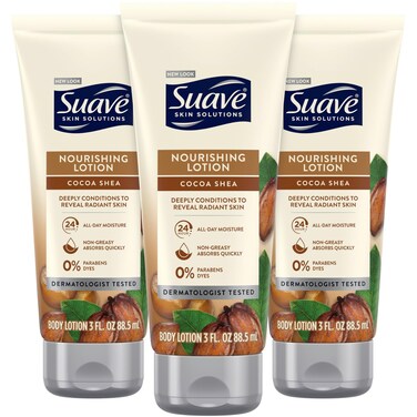 Suave Lotion, Cocoa Butter Shea &ndash; Nourishing Hand &amp; Body Lotion, Travel-Size Lotion for Extremely Dry Skin, Moisturizing Cream for Glowing Skin, 24H Moisture, 3 Oz (Pack of 3)