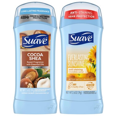 Suave Deodorant Antiperspirant for Women, Variety Pack &ndash; Everlasting Sunshine + Cocoa Butter &amp; Shea, Invisible Solid, 48H Protection, Anti-Staining, 2.6 Oz Ea (2 Piece Set)