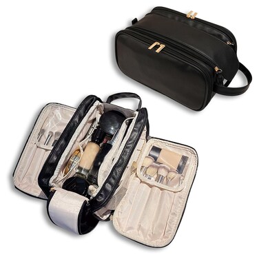 Travel Toiletry Bag for Women Men, Large Travel Toiletry Organizer Makeup Bag, Hanging Cosmetic Bag dopp kit Leather skin care Waterproof Shaving Bag for Toiletries Accessories (black)