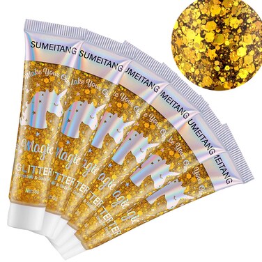 6PCS Gold Face Body Glitter Gel，Holographic Chunky Sequins Body Glitter Paint for Party Singer Concerts Music Festival Rave Accessories for Girls Women Face Body DIY Sparkling Makeup