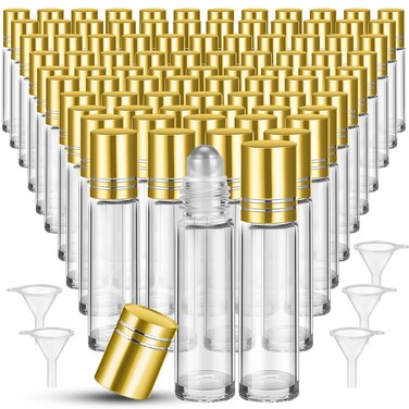 Sumind 150 Pcs Essential Oil Roller Bottles 10 ml Glass Empty Roll on Bottles with Stainless Steel Balls Leak Proof with 5 Funnel for Travel Essential Oil(Gold)