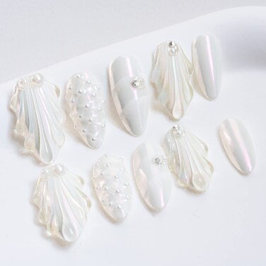 Sun&amp;Beam Nails Handmade Press On Nail Medium Long Almond Oval Pink White Pearl Shell Fake Tip 3D Design Art Charms Cute with Storage Box 10 Pcs (White-S)