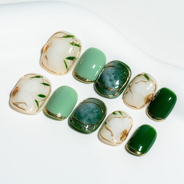 Sun&amp;Beam Nails Handmade Press On Nail Medium Short Green White Flower Jasmine Fake Tip 3D Design Art Charms Cute with Storage Box 10 Pcs (M)