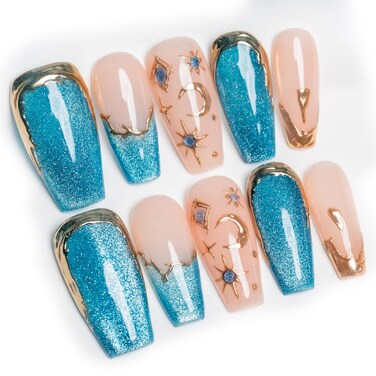 Sun&amp;Beam Nails Handmade Press-On Medium Long Coffin Ballerina with Pink Blue Gold Color 3D Design Charm Cat Eye Cute False Nail Tips 10 Pcs (#82 L)