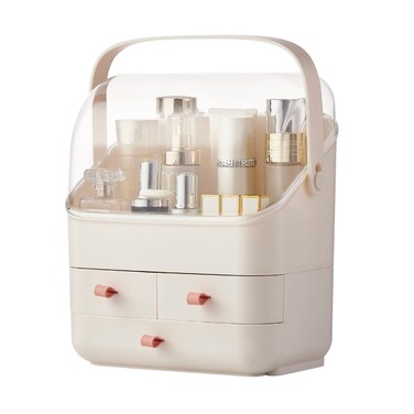 SUNFICON Preppy Skincare Organizers Makeup Organizer Holder Beauty Cosmetic Storage Box Display Case Dust Free Cover Portable Handle 2 Rroomy Drawers Gift Great For Bathroom Countertop Ivory White