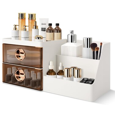 Makeup Organizer with Clear Drawers,Plastic Skincare Organizers for Vanity,Large Capacity Makeup Organizer Countertop for Cosmetics, Skincare,Office Stationery (Brown Drawer)