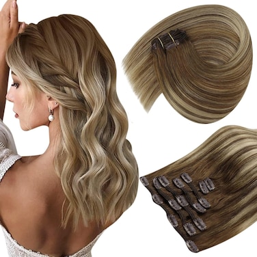 Sunny Hair Clip in Hair Extensions Straight Human Hair Clip in Extensions Remy Clip in Hair Extensions Real Human Hair Extensions Clip ins Chestnut Brown Balayage Platinum Blonde Ombre 22inch