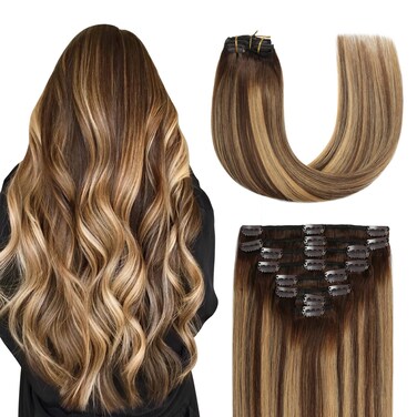 Sunya Clip in Hair Extensions Real Human Hair Balayage Human Hair Clip in Extensions Chocolate Brown to Caramel Blonde Human Hair Clip ins Ombre Hair Extensions Clip ins 16 Inch 8pcs/120g