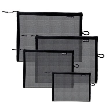 SUPACOOL Set of 4 Travel Mesh Makeup Bag, Cosmetic Organizer Pouche with Zipper, Diaper Organizing Pouches, Nylon Toiletries Bag for Women and Men(4pcs, Black)