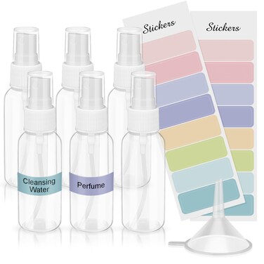 6 Pcs 50ml Mini Spray Bottles Plastic, Paired with Funnel Stickers,Pump Cap Refillable Reusable Empty Atomizer Spray Bottles Travel,Suitable for Liquid (Professional 1.69oz)