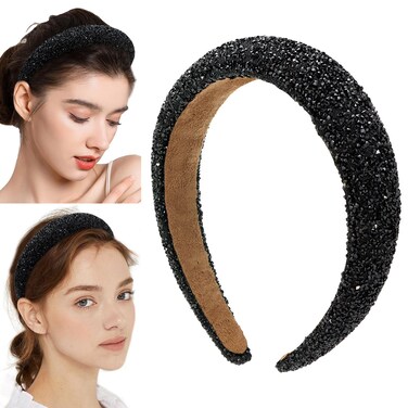 SuPoo Black Rhinestone Headband Crystal Diamond Headband for Women Girls Non Slip Thick Hair Band Sparkly Wide Head Bands Hairband Beaded Bling Hair Hoops Hair Accessories diademas para mujer de moda